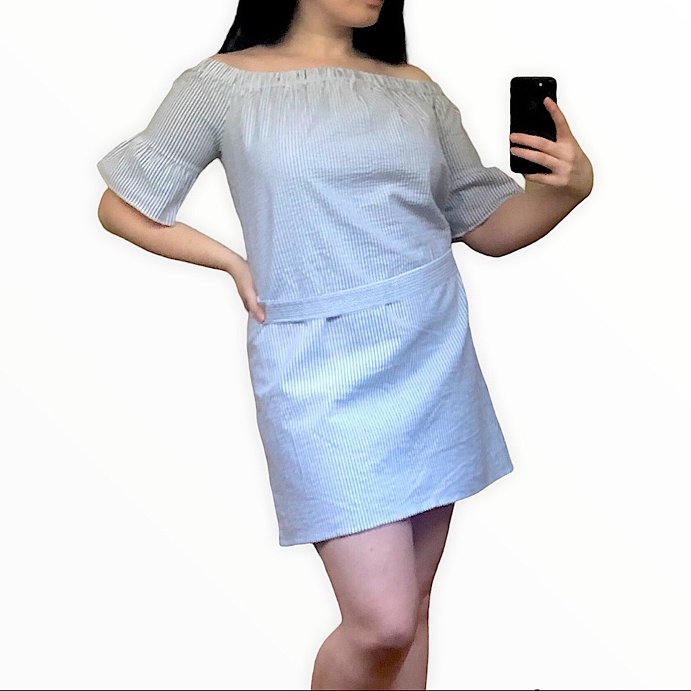 Off Shoulder Back Tie Stripe Print Mini Dress